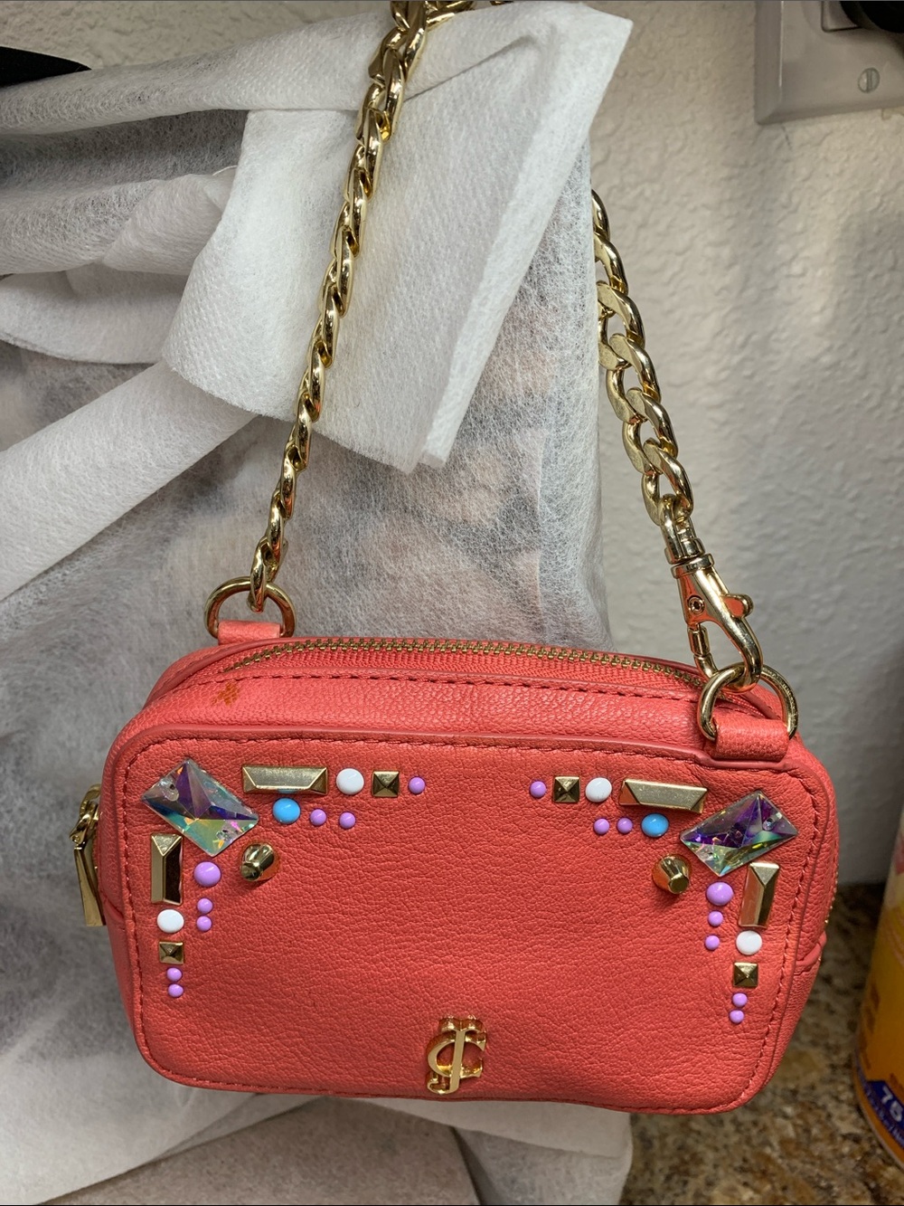Juicy Couture  Y2K Fiery Red  Goat Leather Mini Chain Wristlet With Rhinestones